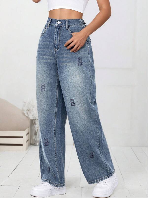Women's Fashionable Distressed Casual Elegant Asymmetric/Asymmetrical Non-Stretch Denim Trousers, Suitable For Dating, Parties, Daily Wear, All Seasons