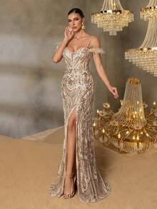 Faeriesty Abito da sera lungo fino ai piedi con spalline sottilissime in tessuto con paillettes, con dettagli ricamati e spacco laterale - perfetto per serate di gala, red carpet ed eventi formali (Collezione autunno/inverno) - Champagne - Visualizzare 6