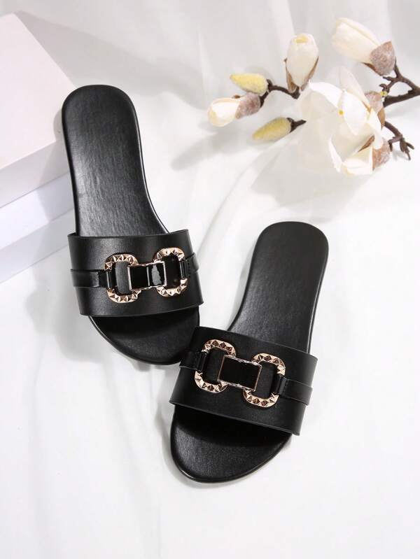 New Fashion Slip-On Sandals, Solid Color Basic Preppy Style PU Leather Metal Chain For Indoors/Outdoors/Beach, Summer