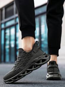 男士新款休闲运动鞋，时尚百搭网眼前系带轻便舒适跑步鞋 - 黑色 - 查看 7