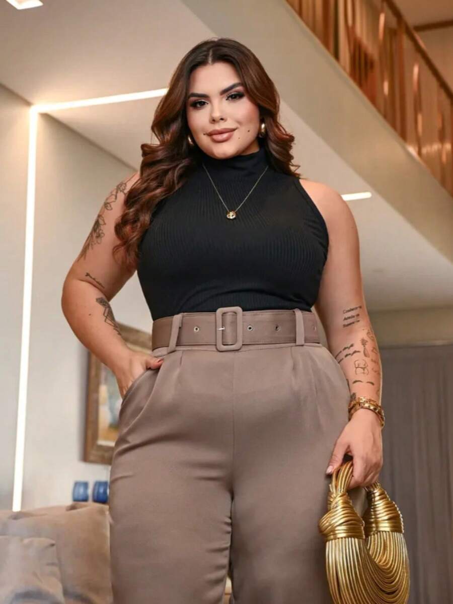 Plus Size Tailored Pants Large Size With Belt High Waist Formal Elegant Work Straight With Belt - 摩卡 - 查看 1