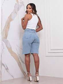 Women's Jorts Jeans Bermuda Shorts With Frayed Hem - 中等水洗藍 - 查看 6