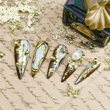 Handmade Shiny Gold Press On Nails - Original Design Luxury 3D Glitter Gold Leaf & Gemstone Long Stiletto False Nails, Reusable Artistic Nail Set For Women (10 Pcs)