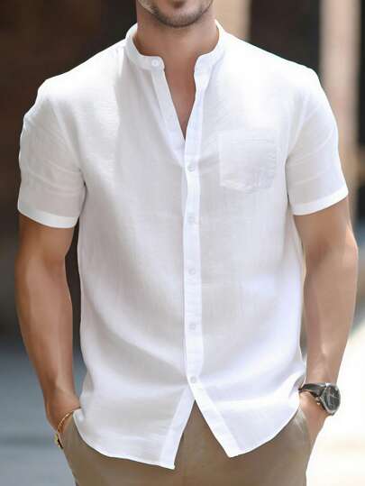 Camisa casual de manga corta vintage cómoda para hombres, ajuste slim, top de verano