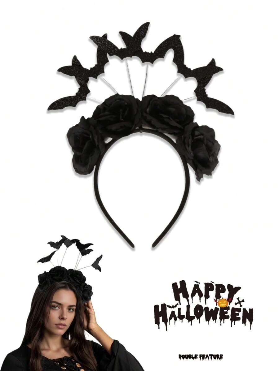 1pc Halloween Black Rose And Bat Headbands, Halloween Photo Props, Halloween Party Decorations, Halloween Party Supplies, Halloween Headwear