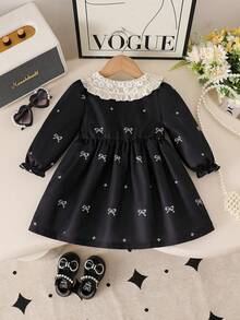 Baby Girl New Spring/Autumn Round Neck Bowknot Dress, Elegant & Cute Design, Long Sleeve Dress Suitable For Newborn Girls' Daily Or Occasion Wear - Black - View 2