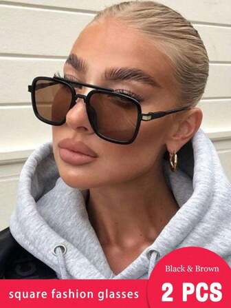 1 Pair Square Fashion Glasses, Double Bridge Design, Retro Classic Versatile, Customizable, Women Fashion Glasses, Beach Accessory, Back To School Collegiate Style