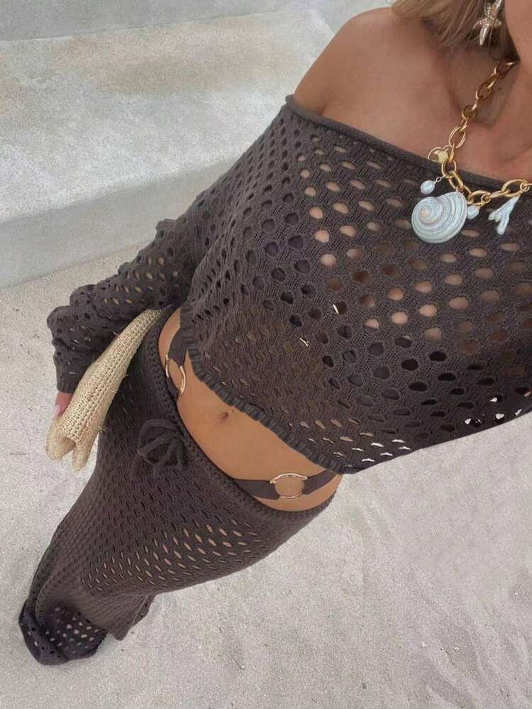 Neuer modischer Frühlings-/Sommer-Damen-2-Teiler, elegantes Damenkleid, Outdoor-Anzug, Strandkleid-Set, Langarm-2-Teiler mit Hohlmuster - Braun - Übersicht 2