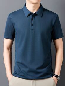 Men's Solid Color Wide Placket Waffle Pineapple Pattern Short Sleeve Polo Shirt, Casual Lightweight Business Formal Attire - Blue - View 3
