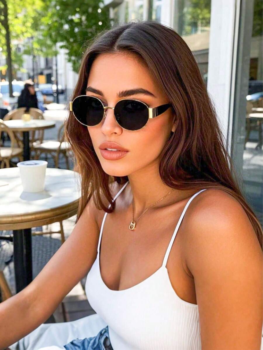 1pc Oval Small Fashion Ladies Fashion Glasses Ins Street Fashion Retro Fashion Glasses Metal Frame Black Fashion Glasses With Travel Beach Accessories Beach Accessories Ladies Glasses Shadow Base Autumn Winter Ladies Clothing Clothing Business Casual Gifts With Protective Case - 金色 - 查看 1