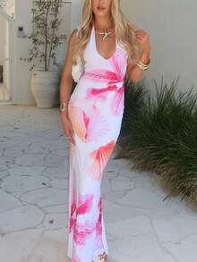 Spring And Summer Clothing, Warm Red Flowers And Shells, Ocean Element Patterns, Long Halter Neck Dress, Suitable For Women,Suitable For Spring Break Vacation, Seaside Vacation, Bikini Outerwear, Night Out, Sister Party, Seaside Party, Pool Party, Holiday Outfit, Natural Party, Chalet Vacation,Vacation Outfits, Holiday Derss, Women Dresses Birthday