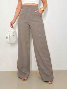 LIN SERVIÇOS, REF: H932 - Women's Striped High-Waisted, Wide-Leg Trousers, Ideal For Casual And Formal Looks. Lightweight, Stylish And Elegant, They Offer Comfort And Sophistication For A Variety Of Occasions. - 卡其色 - 查看 1