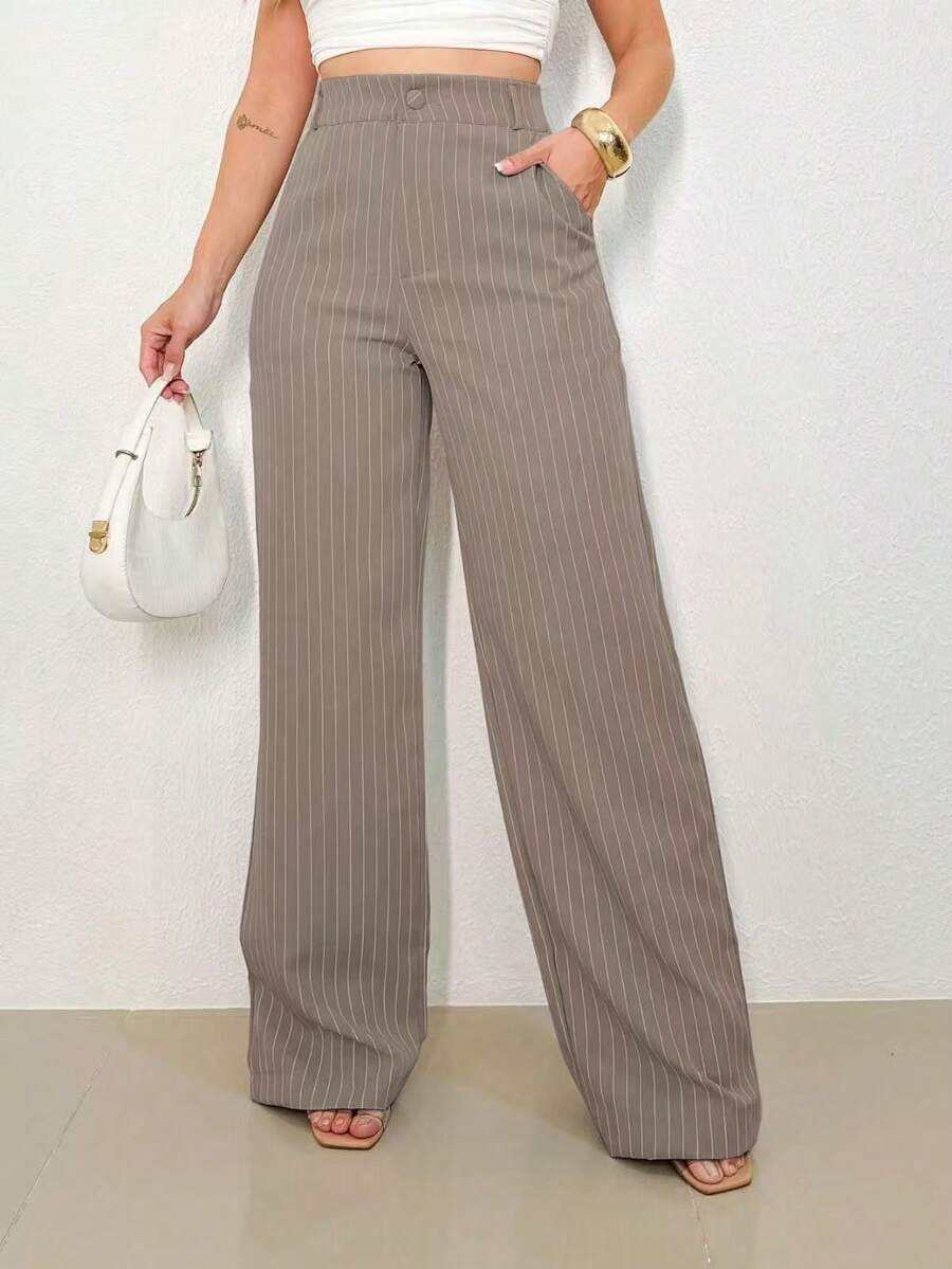 LIN SERVIÇOS, REF: H932 - Women's Striped High-Waisted, Wide-Leg Trousers, Ideal For Casual And Formal Looks. Lightweight, Stylish And Elegant, They Offer Comfort And Sophistication For A Variety Of Occasions. - 卡其色 - 查看 1
