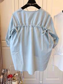 Blusa de talla grande de estilo bohemio, unicolor, de longitud regular, bajo asimétrico, mangas abullonadas 3/4, camisa tejida cómoda para primavera - Azul - Ver 2