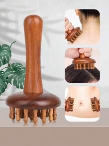 1 件天然檀香宽齿按摩梳，带手柄，圆头，适用于头皮、身体、背部、颈部、肩部和腹部按摩，小巧便携，适合返校、旅行度假必备，女士发饰 - 棕色 - 查看 1