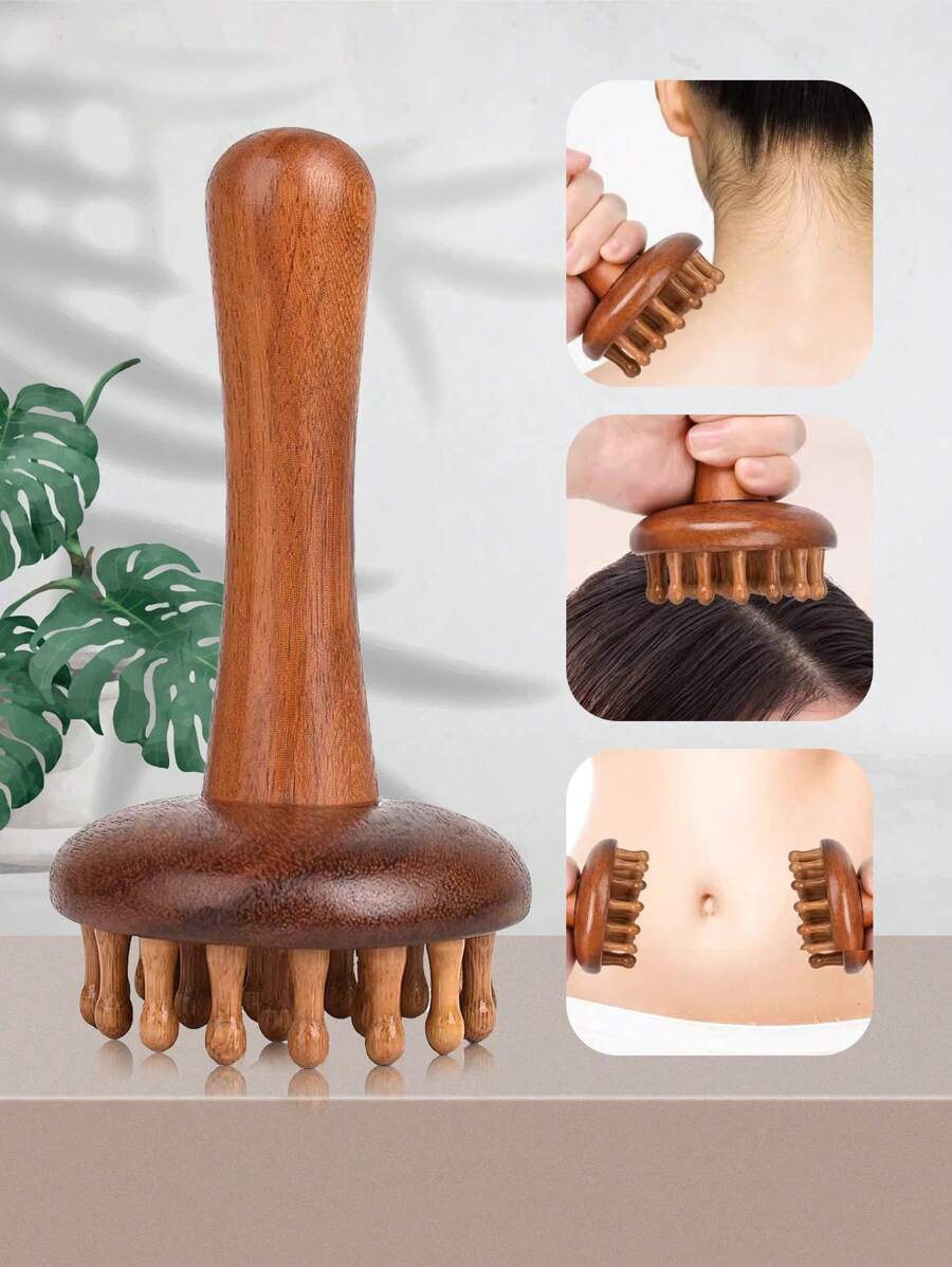 1 件天然檀香宽齿按摩梳，带手柄，圆头，适用于头皮、身体、背部、颈部、肩部和腹部按摩，小巧便携，适合返校、旅行度假必备，女士发饰 - 棕色 - 查看 1