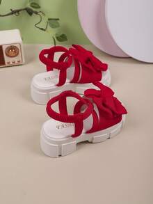 1 Pair Girls' Fashion High Heel Sandals, Criss-Cross Bow Design, Cute & Sweet Thick Sole Comfortable, Suitable For Girls Outdoor Casual, Travel, Beach - Red - View 5