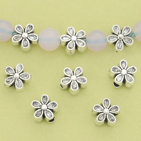 50pcs Antique Silver Double-Sided Flower Alloy Spacer Beads, Hollow Beads For Jewelry Making, DIY Bracelets, Necklaces, Earrings, Handicraft Accessories