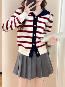 Alicedudu Women's Autumn/Winter Navy Collar Striped Knit Cardigan - Multicolor - View 4