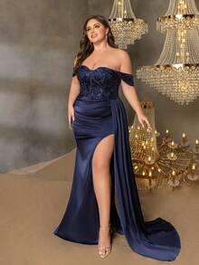Faeriesty Elegancka, odsłaniająca ramiona, wysoko rozcięta, formalna suknia typu syrenka dla kobiet o większych rozmiarach - inspirowana projektantami suknia wieczorowa w dużych rozmiarach na wielkie wesela, uroczyste kolacje, ceremonie wręczania nagród, gale charytatywne i przyjęcia korporacyjne - Granatowy - Zobacz 6