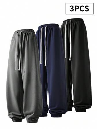 3pcs Men Plus Size Casual Jogger Sweatpants, Solid Color Loose Fit Drawstring Ankle Length Athletic Pants