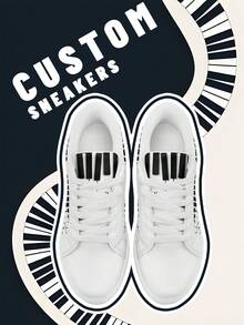 [Music Festival Theme] Custom Name Low-Top Sneakers, PU Upper Panel Shoes, Piano Keyboard Print, Unisex All-Season Casual Wear