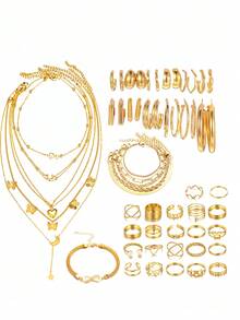 86/68/61/58/40/35 Stücke Vintage elegantes Mode Multi-Element Kunstperle Herz Schmetterling Seestern Muschel Blume Blatt Kubikzirkonia Bling geometrische Linie verdrehtes Cut Out Design Halskette Ohrringe Ring Armband Schmuckset, personalisiertes minimalistisches raffiniertes Design, geeignet für Schmuck, Urlaub, Party, Date, Alltag