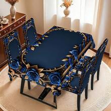 1pc/5pcs/7pcs/30pcs Luxurious Peacock Blue Embroidered Floral Rectangle Tablecloth + Removable Chair Cover Set, 100% Polyester Velvet Tablecloth, Applicable For Home Dining Room, Living Room, Kitchen, House, Hotel Daily Use, Gift, Party Decor 1 Tablecloth + 4 Chair Covers Or 1 Tablecloth + 6 Chair Covers