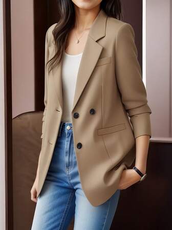 HOMEYEE 复古领长袖双排扣口袋商务休闲大码工作西装外套