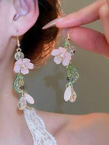 2pcs Romantic Elegant Pink Floral Waterdrop Long Tassel Dangle Earrings, Casual & Leisure Holiday - Pink - View 3