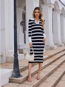 New Elegant Turndown Collar Long Sleeve Striped Knit Dress