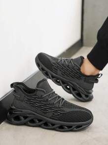 男士新款休闲运动鞋，时尚百搭网眼前系带轻便舒适跑步鞋 - 黑色 - 查看 10