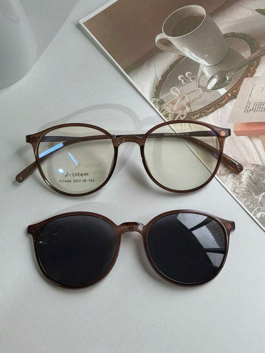 Women's Clip-On 2 In 1 Round Small Size Polarized Lens Eyeglasses Frame PZ948 - Marrón - Ver 1