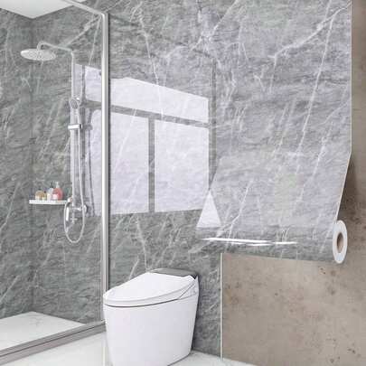 1 卷蓝色大理石纹金色图案乙烯基壁纸 | PVC | 易于粘贴，可拆卸，适用于厨房和浴室装饰 | 家居装饰 | 时尚大理石外观，适用于家庭装修、浴室墙面装饰墙纸墙贴