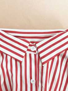 Striped Long Sleeve Shorts Set With Lapel - Hot Pink - View 8