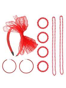 Forever & Moment 8 件套 80 年代女士服装配饰套装仿珍珠项链手链圆形耳环蕾丝蝴蝶结发带婚礼化妆舞会节日装饰礼物万圣节 - 多色 - 查看 10