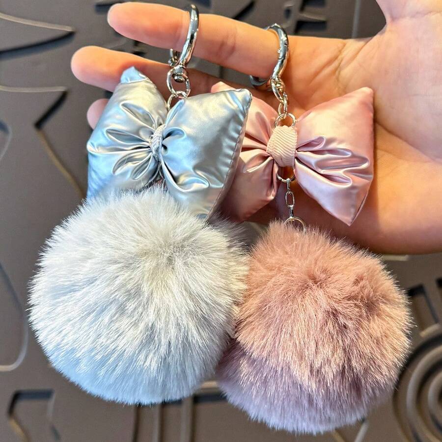 かわいいラウンドファーボールガールアクセサリーペンダントインターネット有名人ぬいぐるみバッグペンダントファッションリボンアクセサリー高価値かわいいスタイルキーホルダー - グレー - チェックする 1
