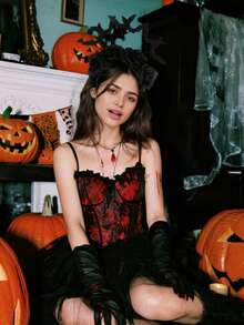 1pc Halloween Black Rose And Bat Headbands, Halloween Photo Props, Halloween Party Decorations, Halloween Party Supplies, Halloween Headwear