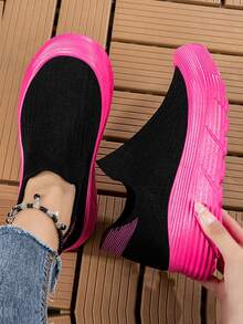 Women's Platform Sneakers Black With Pink Sole, Chunky Comfortable Athletic Shoes, Fashion Casual Walking Shoes With Ankle Chain - Perfect Gift Idea - 黑玫紅 - 查看 5