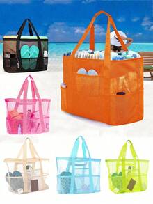 Mesh Beach Bag Large Beach Tote Bag, Multi-Use Organizer With Zipper Closure, Foldable Handy Large Mesh Tote Bag Lightweight For Family Beach Bag For Toys & Vacation Essentials, Suitable For Teen Girls Women College StudentsHoliday,Beach,Vacation,Outdoors, Travel, Outings - Multicolor - View 1