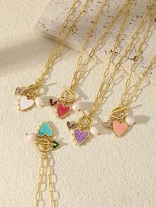 1 Piece Women's Heart Necklace, Copper Drip Oil Heart Hollow Out Lucky Straw Circle Clasp Necklace, Gold Heart Pendant Necklace, Chunky Faux Gold Chain, Birthday Gift Holiday Gift (Hand-Cut, Four-Leaf Clover Colors And Zirconia Are Randomly Selected. Pendant Can Be DIY ) - Multicolor - View 6