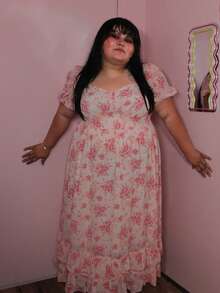 Enliva 加大码波西米亚风夏季浪漫雪纺花卉印花连衣裙，带褶边和下摆，女装 - 粉色 - 查看 6