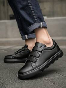 (Runs Small) Men's Classic Pure Black Patchwork Easy-On Hook-And-Loop Casual Sneakers, Fashionable Daily Commute Comfortable Versatile Couple Sports Shoes - Black - View 10