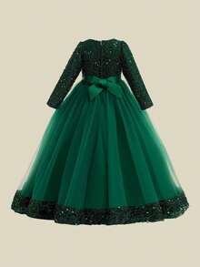 少女长袖亮片网纱奢华生日派对礼服，适合学校舞会、晚宴等场合，不含头饰 - 墨綠色 - 查看 3