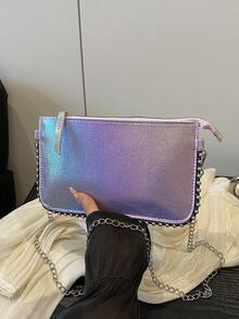 女士拼布串珠链条肩带斜挎包，复古彩色激光仿金属派对信封手拿包 [颜色随机] - 彩色 - 查看 8