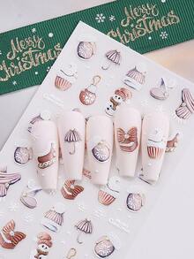 2张红色圣诞5D立体美甲贴纸，图案包括圣诞老人、雪人、雪花、球棒、帽子、围巾、靴子等节日元素，自粘式DIY美甲贴片，美甲用品，送给女性和女孩的礼物 - 彩色 - 查看 7