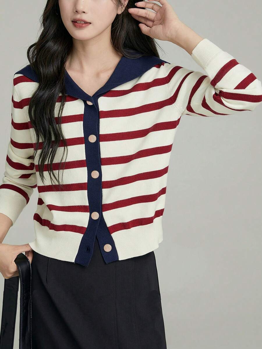 Alicedudu Women's Autumn/Winter Navy Collar Striped Knit Cardigan - Multicolor - View 1