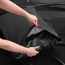 Black Satin Bed Sheet Set – Luxury Silky Sheets With Deep Pocket Fitted Sheet And Pillowcases - Black - View 6