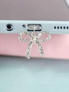 1pc Rhinestone Bow Dust Plug, Elegant Y2K Fashion, Alloy Metal Accessory, Transparent Silicone Smartphone Earphone Tablet Kindle Dust Plug Pendant, Creative Stylish Hanging Decor, Compatible With Apple Lightning/Type-C/Android Micro USB, Fits All Mobile Phone Models - Silver - View 3