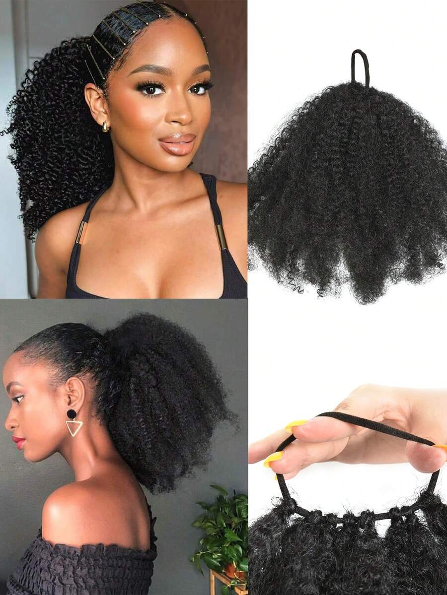Summer 1-Pack African Shaggy Bun African Curly Natural Hairstyle For Synthetic Short Hair Extensions Ponytail (Natural Black, Afro 8-10 Inch)